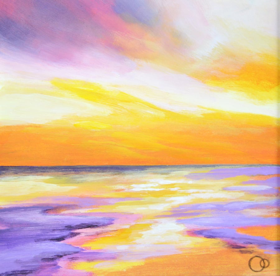 Sweet Sunset Seascape Original Mounted Acrylic Painting on Paper