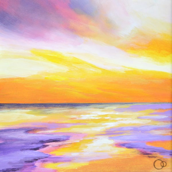 Sweet Sunset Seascape Original Mounted Acrylic Painting on Paper