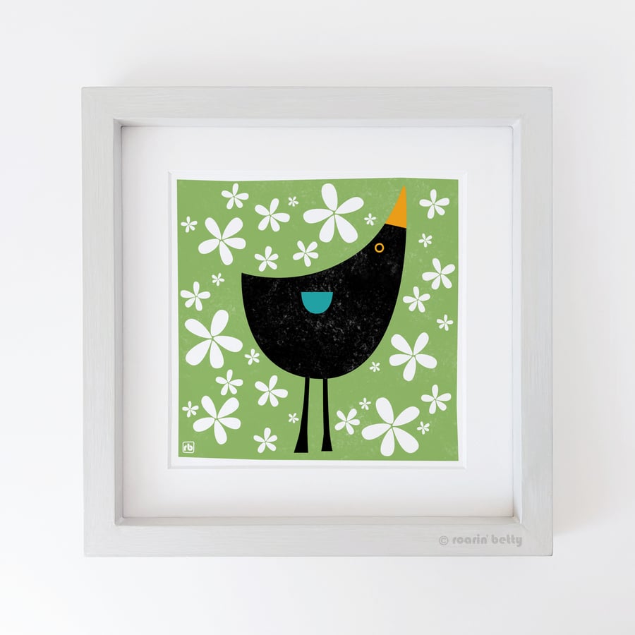 Blackbird With Flowers, bird wall art, modern bird print, Giclee print