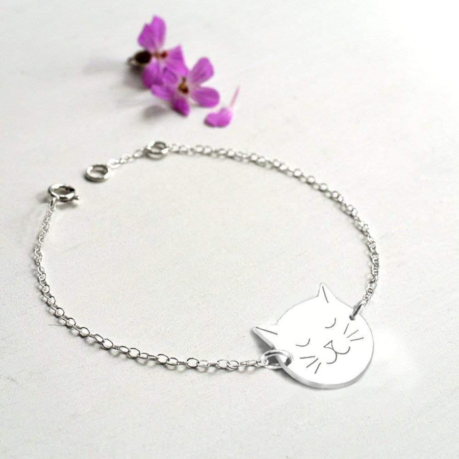 Personalised Sterling Silver Cat Face Bracelet, cat bracelet, gift for cat lover