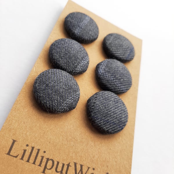 Set of six scrap bag buttons - grey blue suiting fabric