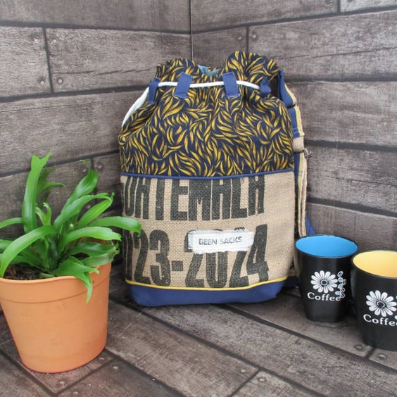 Upcycled Coffee Sack  - Bucket Bag - Blue and golden pattern
