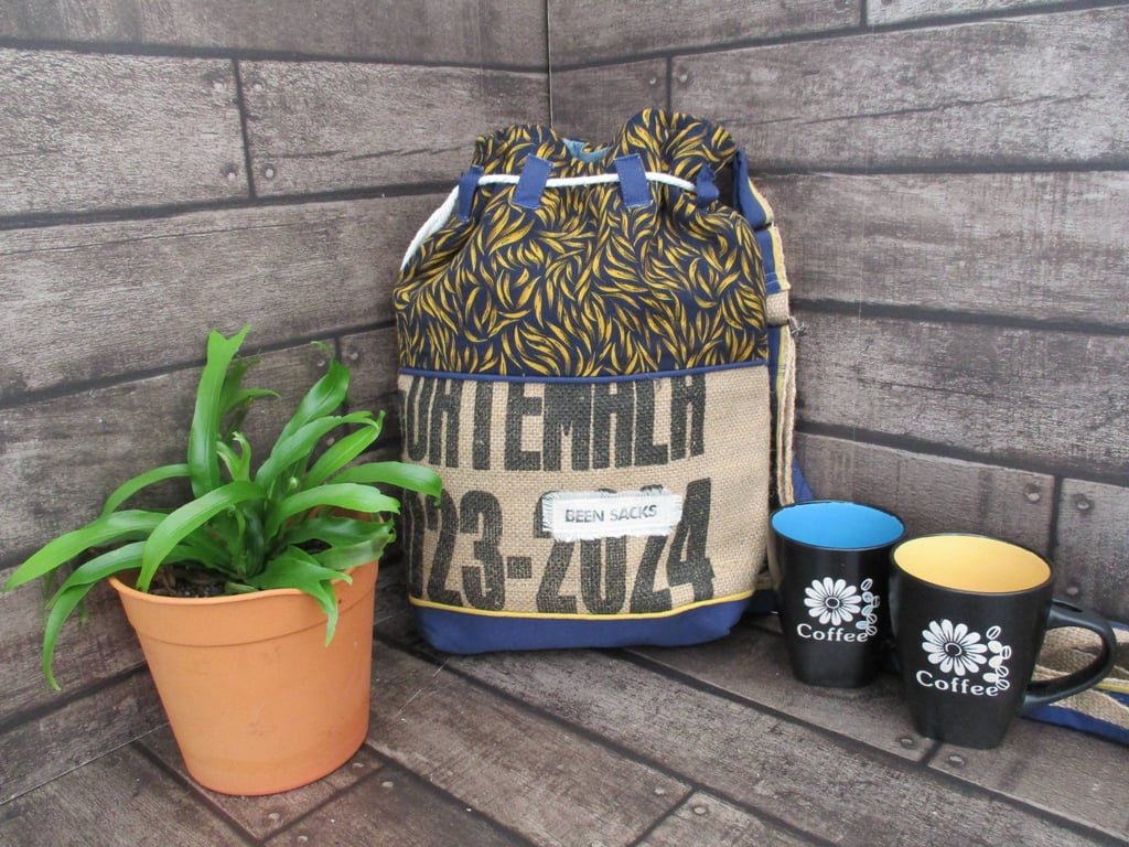Upcycled Coffee Sack  - Bucket Bag - Blue and golden pattern