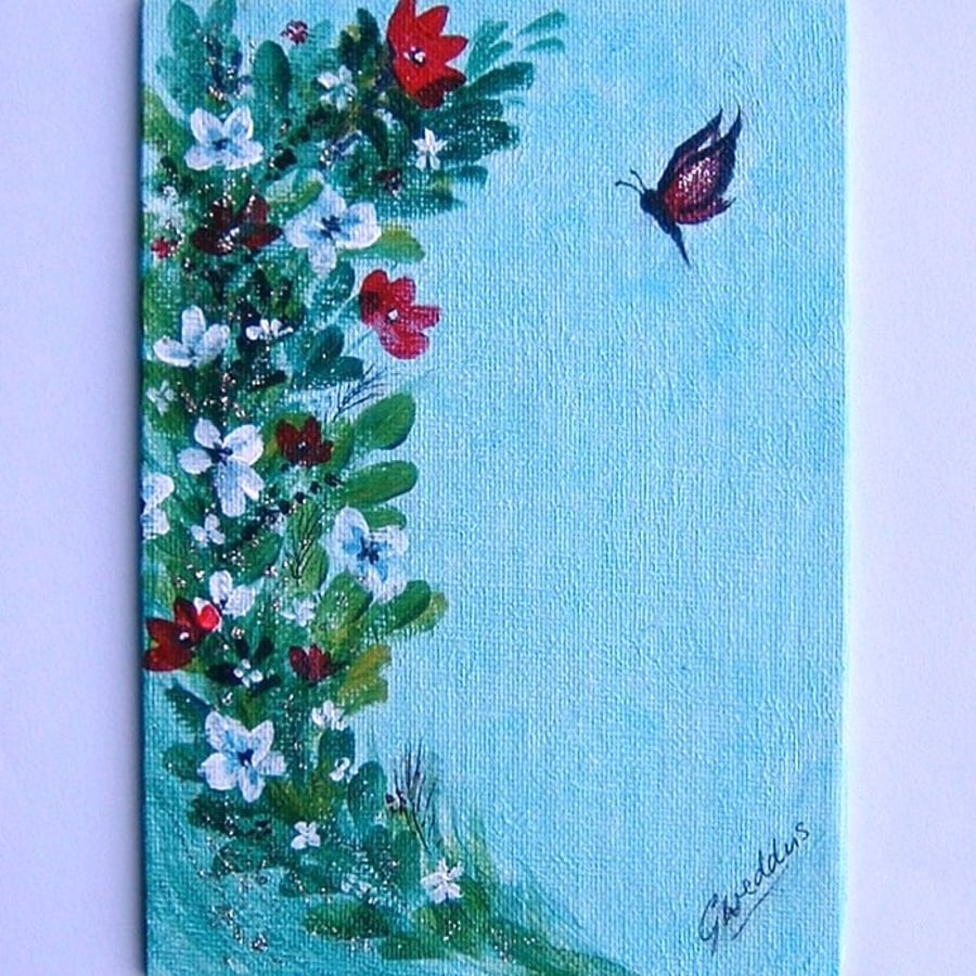 acrylic floral butterfly glitter art painting on canvas board ref 60