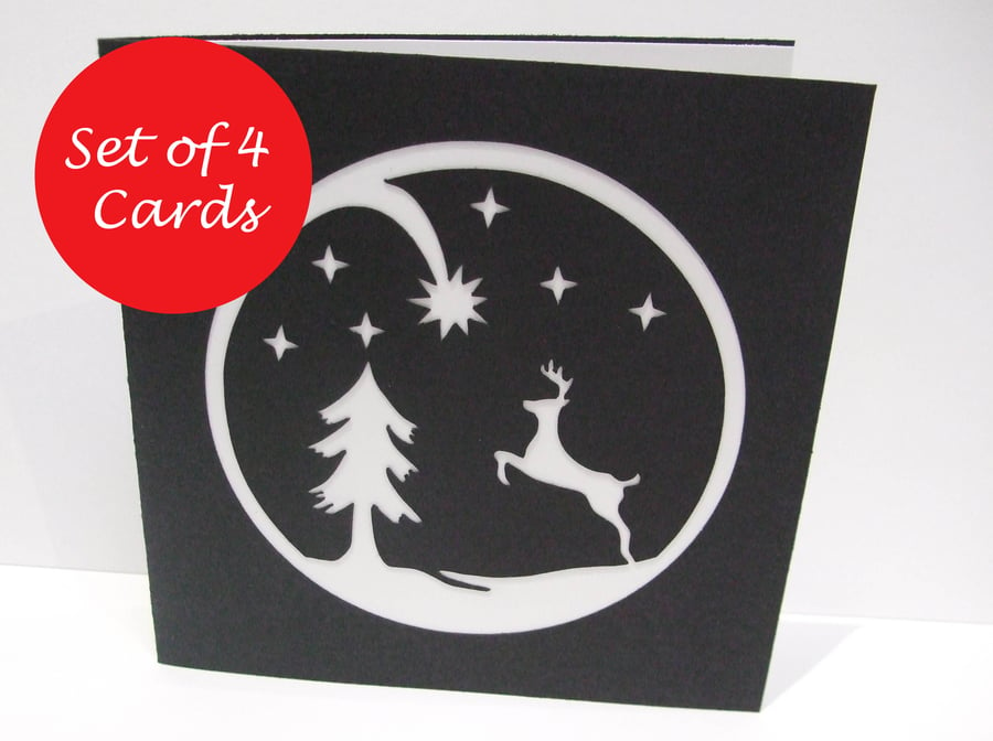 Set of 4  Christmas Cards - Paper Cut Christmas Scene