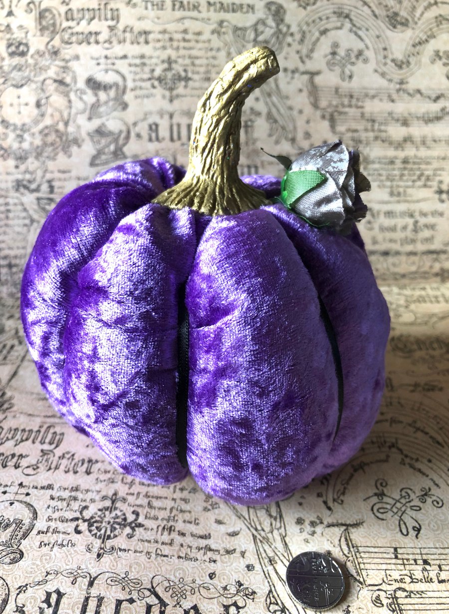 Purple Crushed Velvet Flower Pumpkin With Gold Stalk