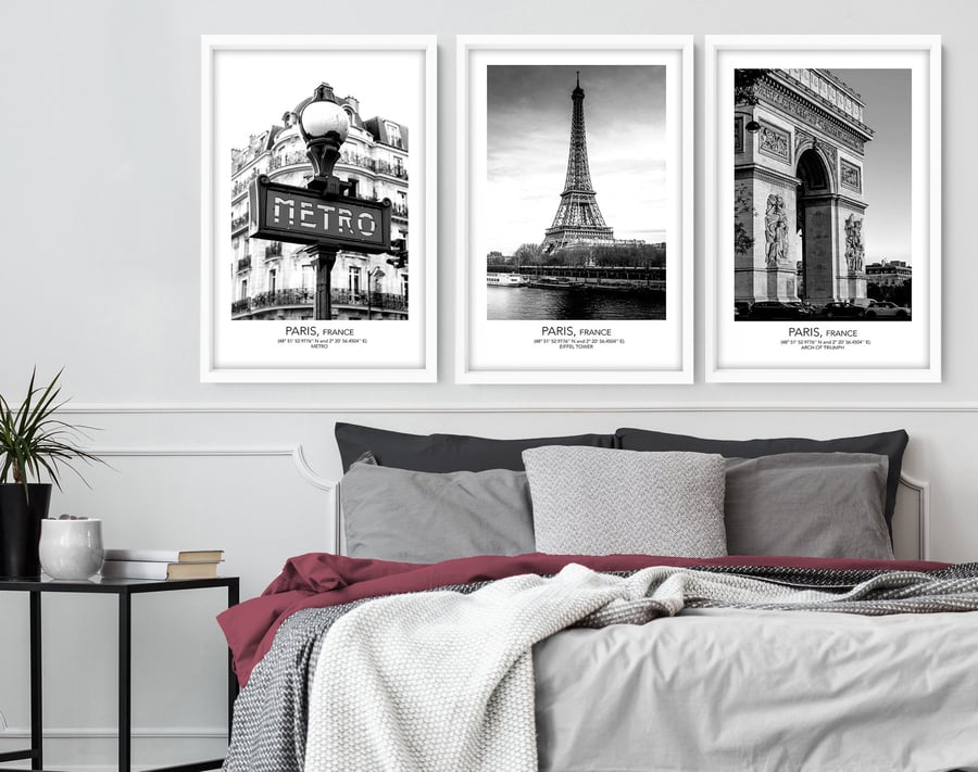 Home Decor, Wall hanging, Set x 3 Paris Prints, above bed decor, Living Room