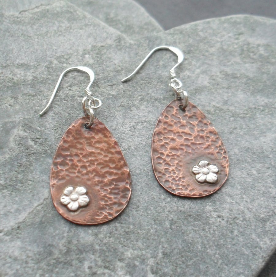 Copper Drop Earrings With Sterling Silver Flower and Ear Wires