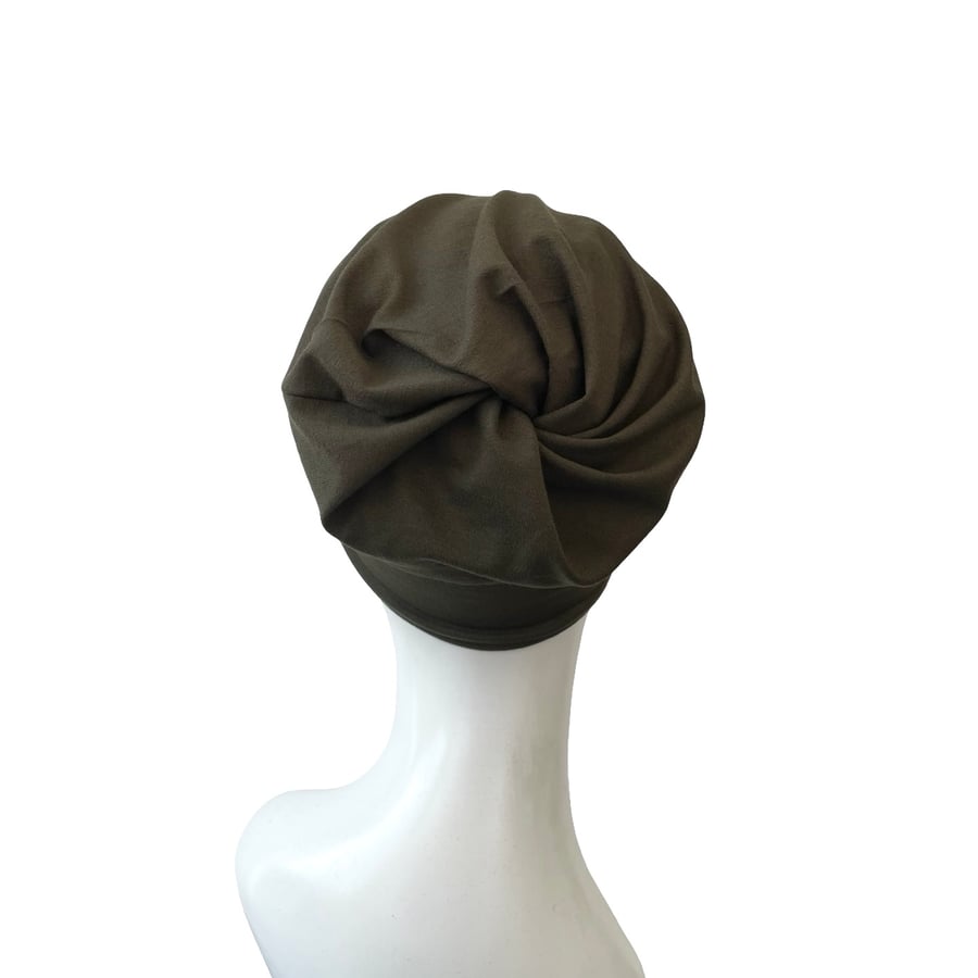Beanie Hat - Dark Olive Twisted Jersey Cap Ponytail Soft Hair Loss Chemo Hat