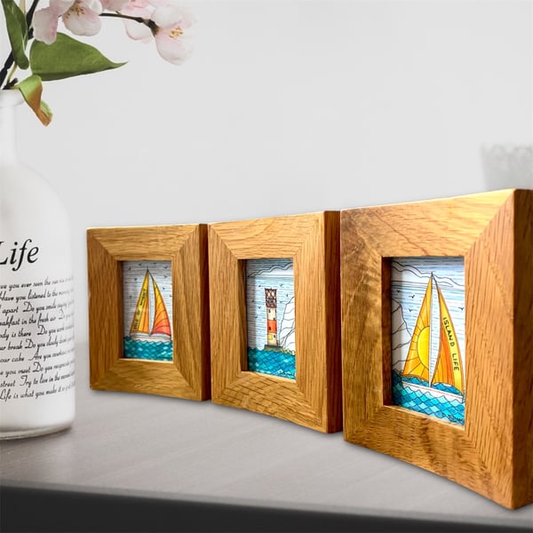 Framed Isle of Wight Original Artwork, The Needles Lighthouse with Sailboats