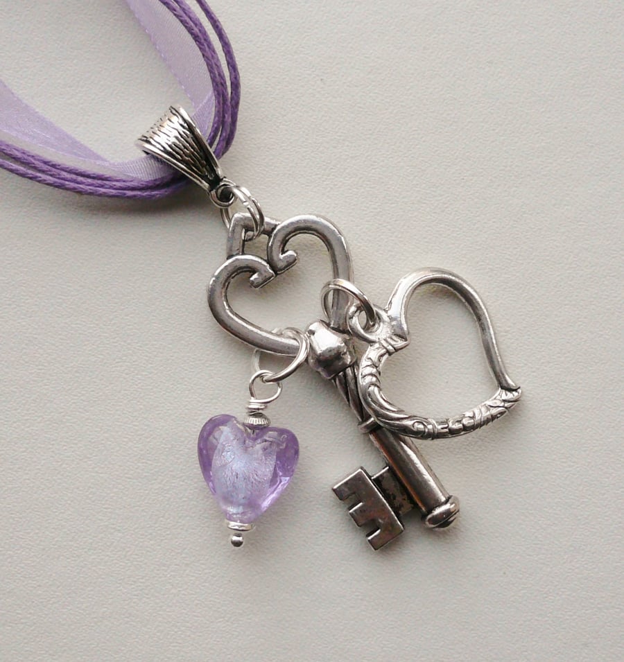 Pendant Cluster Necklace Lilac Glass and Silver Heart and Key    KCJ1655