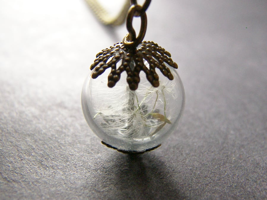 Real Dandelion Seeds Tiny Glass Globe Necklace - MAKE A WISH