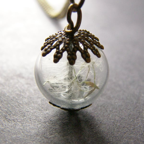 Real Dandelion Seeds Tiny Glass Globe Necklace - MAKE A WISH
