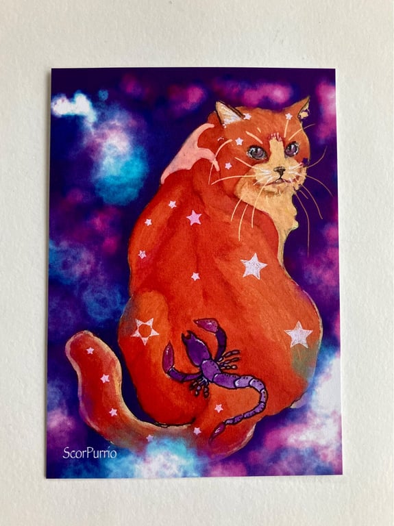 Scorpio Cat Print Postcard and Kraft brown envelope Size A6 The Zodicats