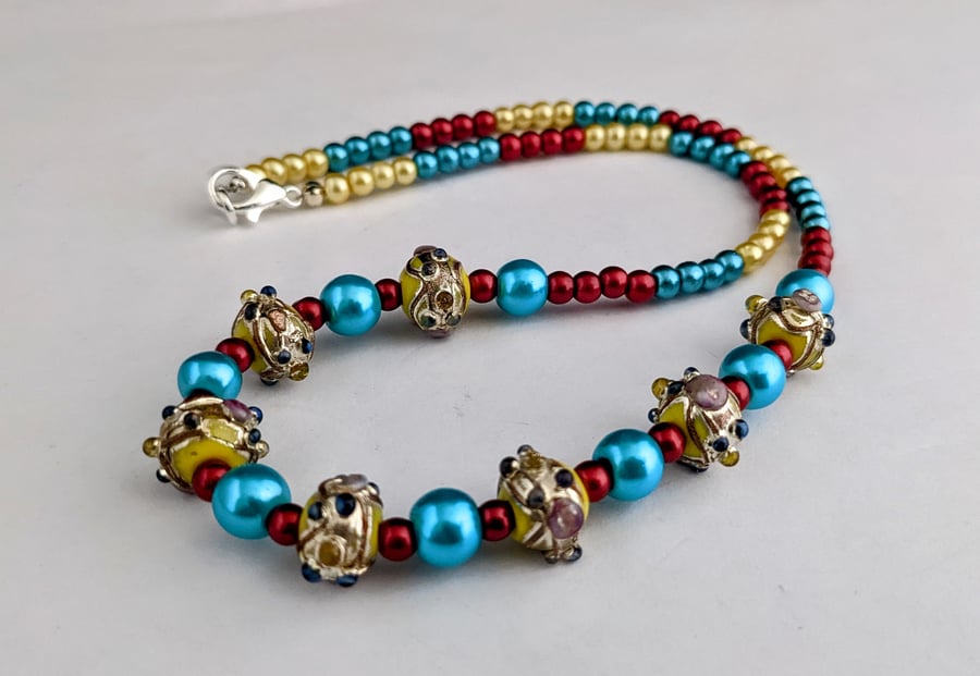 Indian lampwork glass necklace - turquoise, red, yellow - 1002654