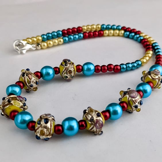 Indian lampwork glass necklace - turquoise, red, yellow - 1002654