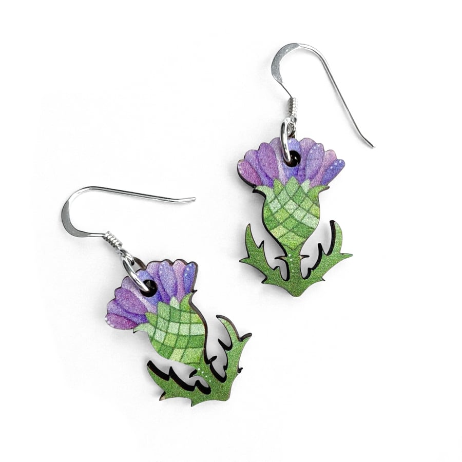 Thistle Earrings. Handmade Dangly Wooden and Sterling Silver Scottish Jewellery.