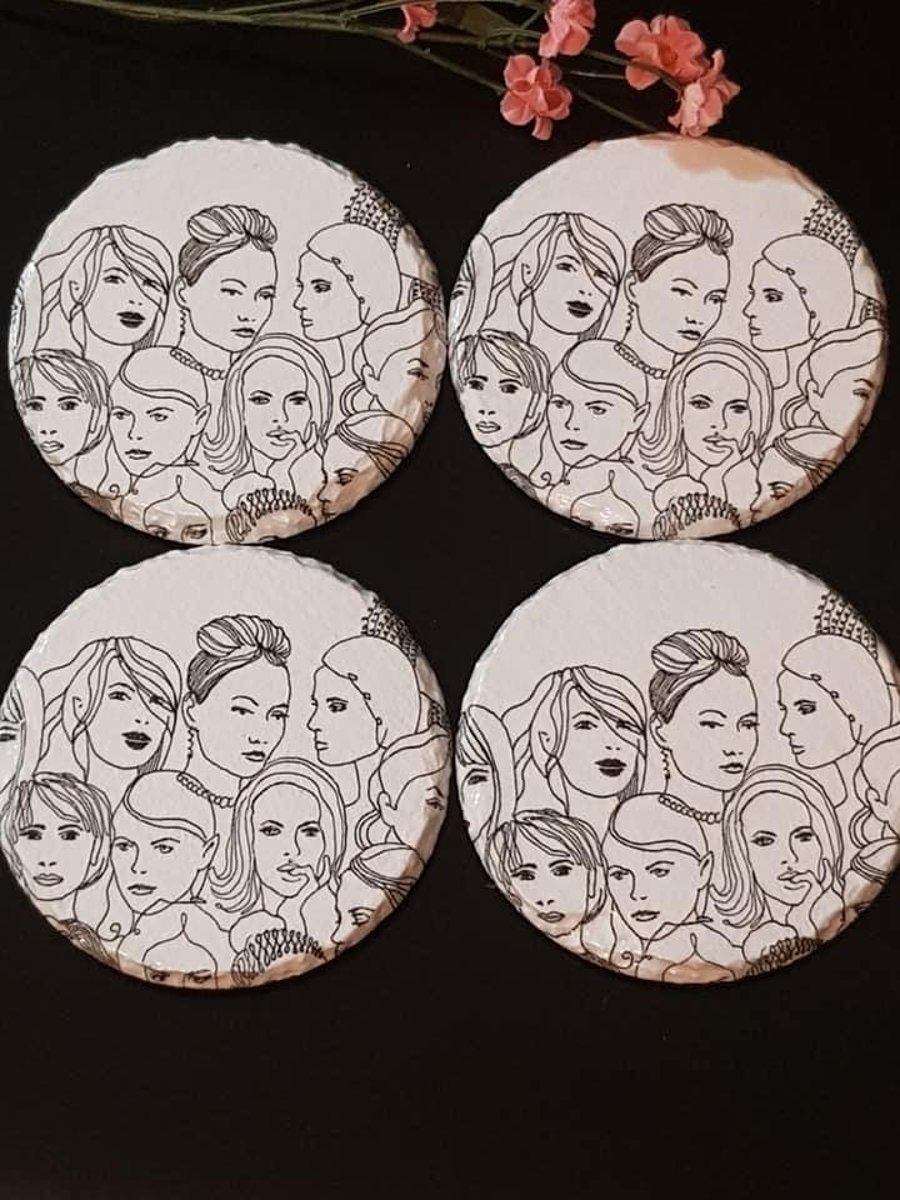 Handmade unique coasters, Black & White Women slate coasters