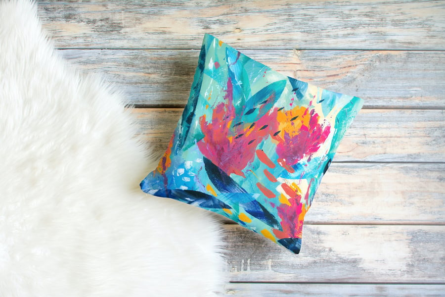 Tropical Seas Art Cushion,  Pink and Turquoise Original Design, FREE UK Delivery