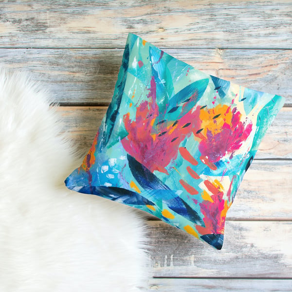 Tropical Seas Art Cushion,  Pink and Turquoise Original Design, FREE UK Delivery
