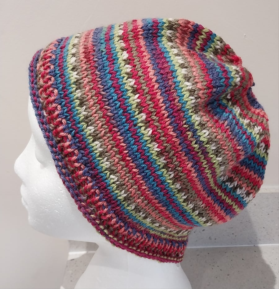 Handknit Beanie Hat 100% MERINO Stripey jacquard in Red, Blue, Turquoise Med