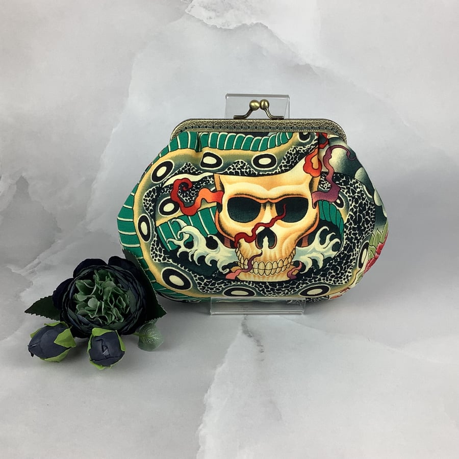 Skull small clutch bag, Gothic makeup bag, Optional chain, Handmade