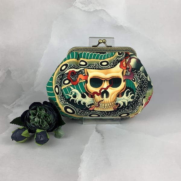 Gothic small frame clutch bag, Skulls makeup bag, Optional chain, Handmade