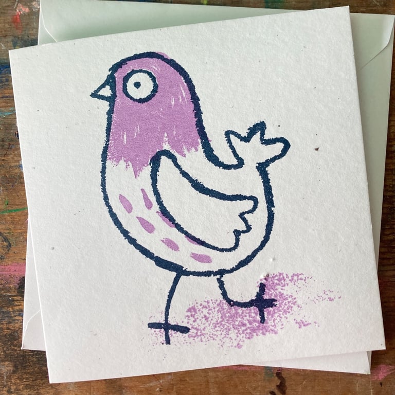 Purple pigeon hand printed card by Jo Brown