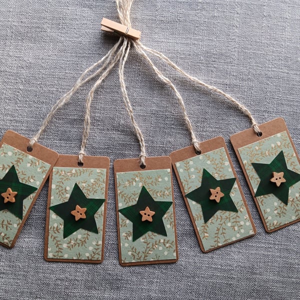 Green Star Gift Tags with Buttons Pack of 5 Handmade Tags