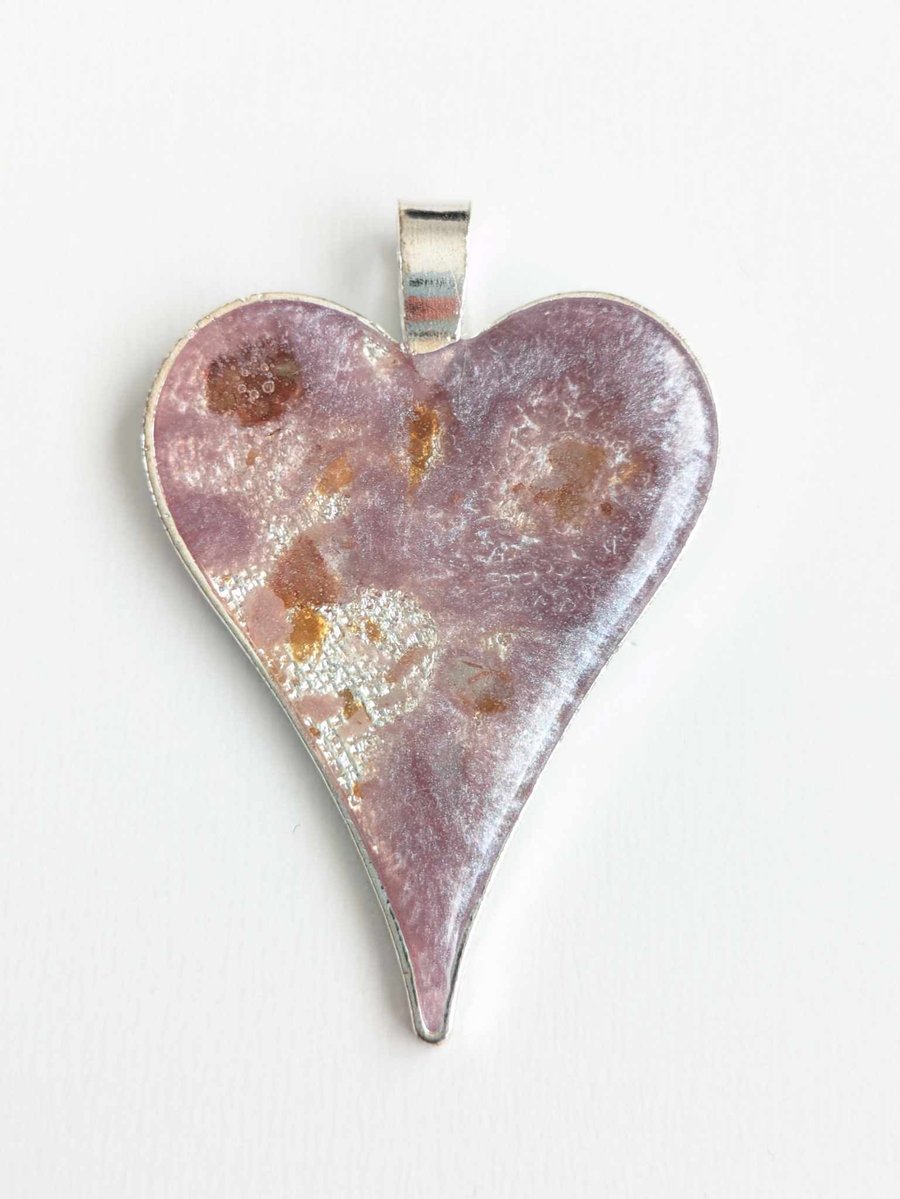 Large Lilac Heart Pendant With Gold & Copper Coloured Flakes