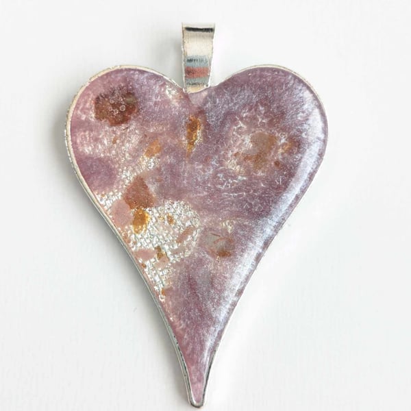Large Lilac Heart Pendant With Gold & Copper Coloured Flakes
