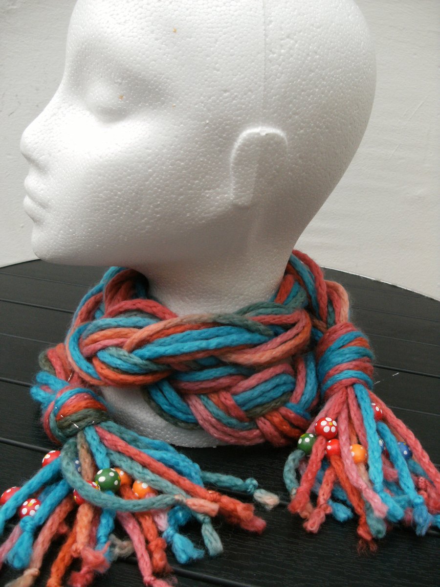 Hand-dyed Merino Beaded Plait Scarf- Coral Blue