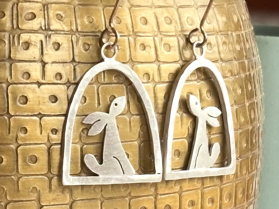 Silver hare drop earrings