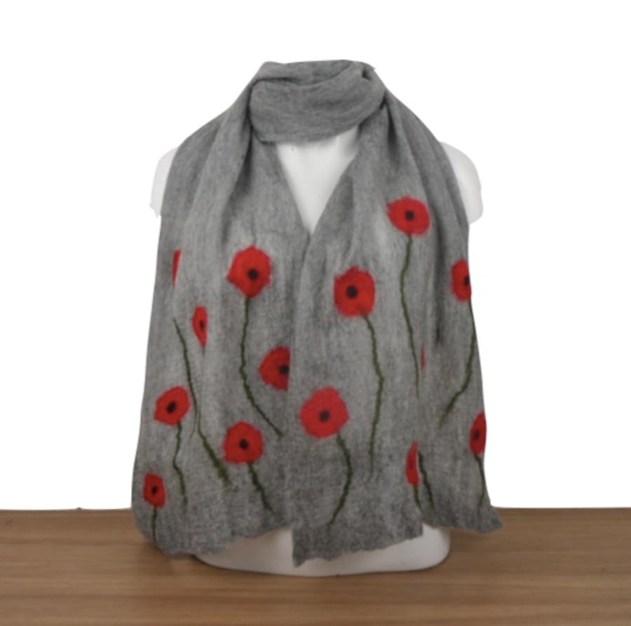 Grey poppy scarf, nuno felted merino wool on silk, gift boxed