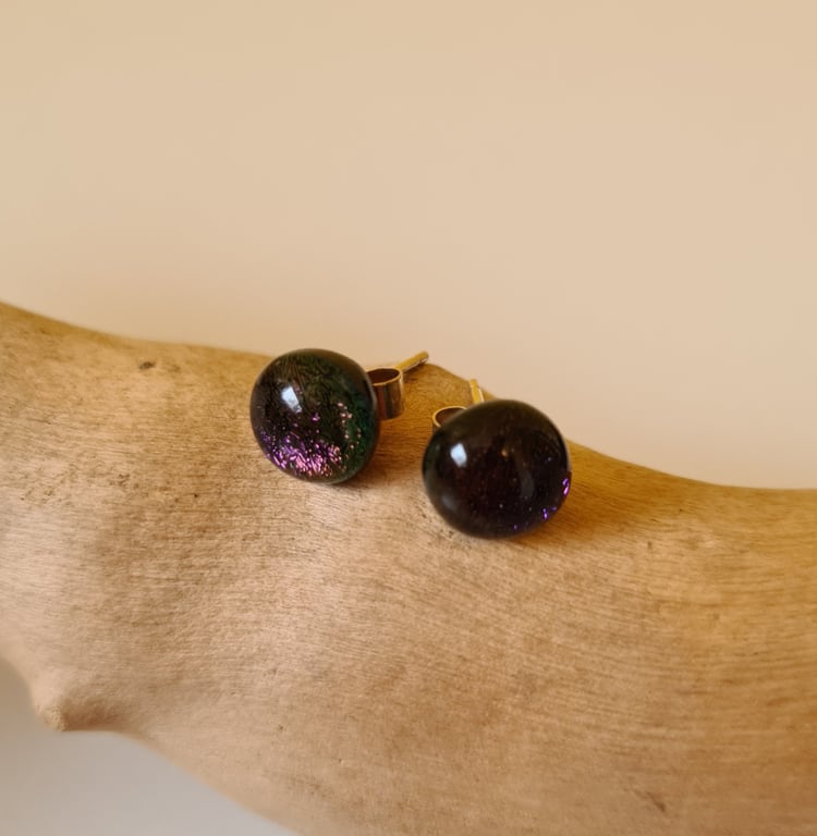 Dark purple sparkly fused glass stud earrings