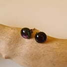 Dark purple sparkly fused glass stud earrings