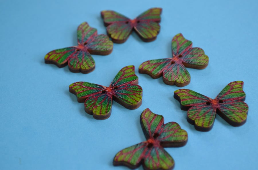 Wooden Butterfly Buttons Green Red 6pk 28x20mm (B17)