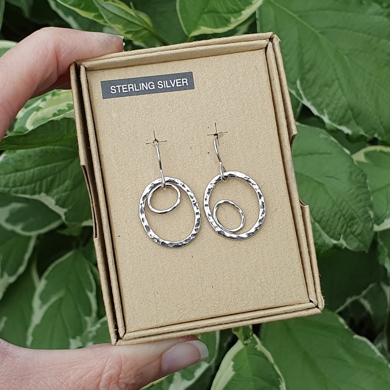 Mismatched Hammered Circle & Oval Dangle Earrings (Sterling Silver) (OOAK) (C)