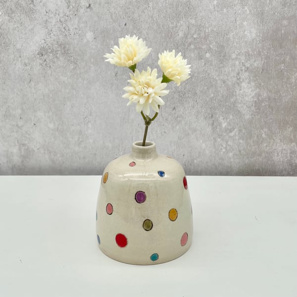 Spotty Flower Bud Vase Pretty Rainbow Dots - Handmade Pottery V03