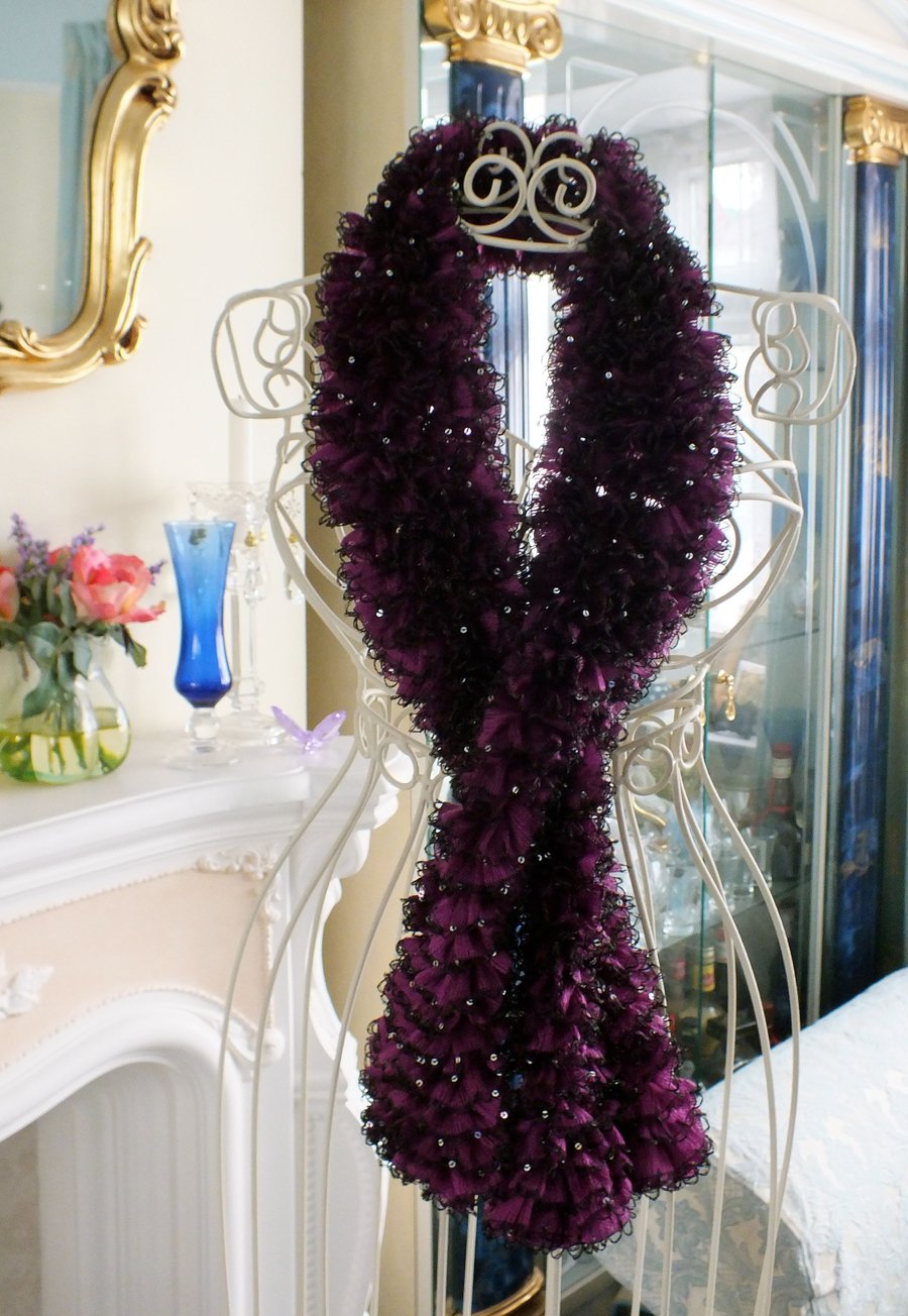 Glamorous Ruffle & Sequin Scarf - Rich Purple 