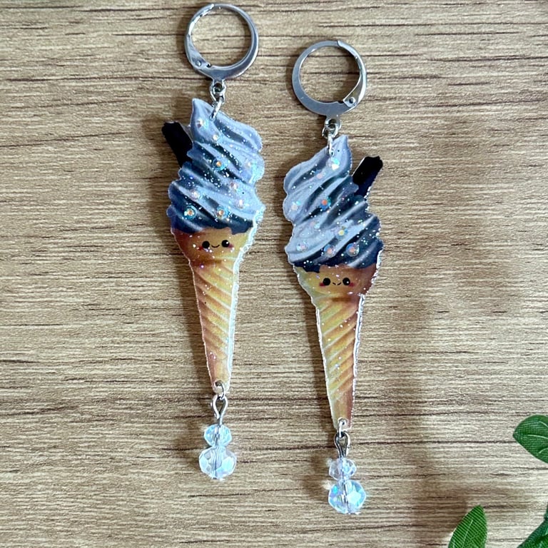 Retro 99 Ice Cream Cone Earrings - Glitter Foodie Dangle Huggie Hoops