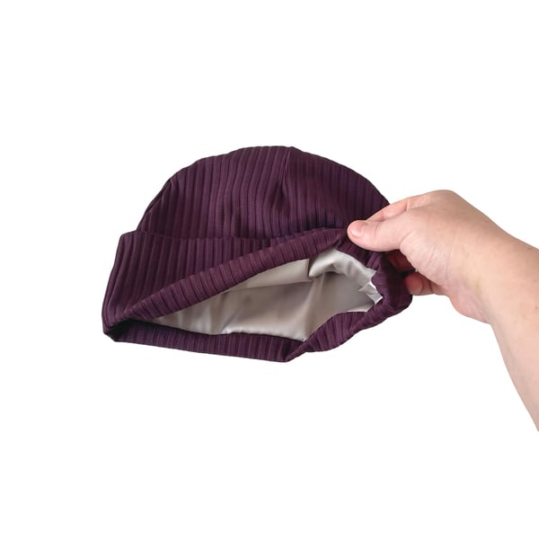 Purple satin lined cuffed beanie hat, Soft frizz free hair beanie caps for women
