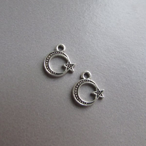 Crescent Moon Star Tibetan Jewellery Charm x 2