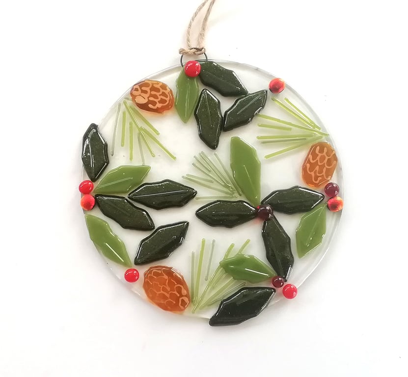 Winter suncatcher, festive hanger, Christmas decoration, fused glass, glass art.