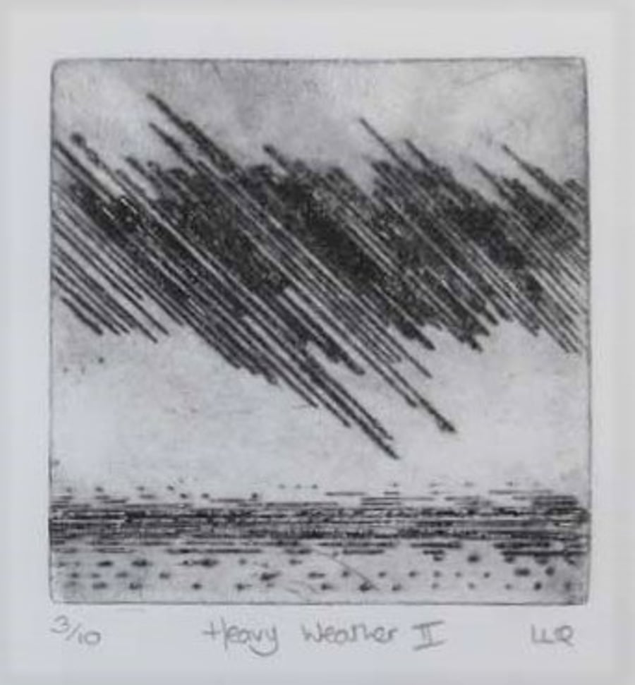 Original drypoint print of a rain storm over the ocean