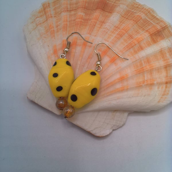 Yellow Art Glass Bead with Black Spots Earrings, Gift for Her, Yellow Earrings