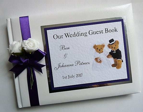 Teddy themed wedding guest book, wedding gift, purple and white wedding