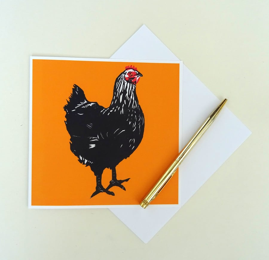 Black Hen Greetings Card - Chicken Print