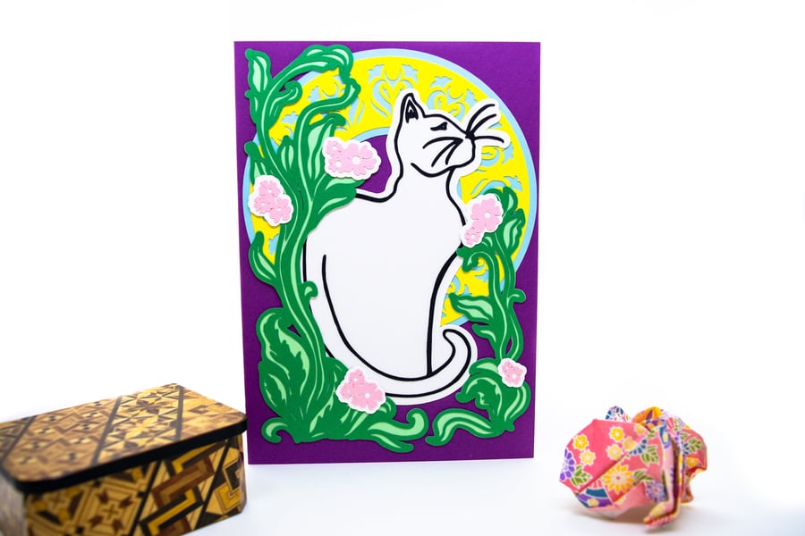 Art Nouveau Cat Paper Cut Art Card