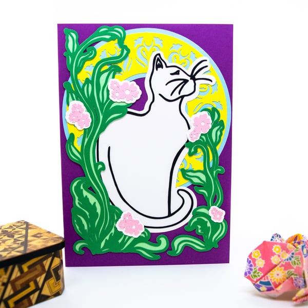 Art Nouveau Cat Paper Cut Art Card